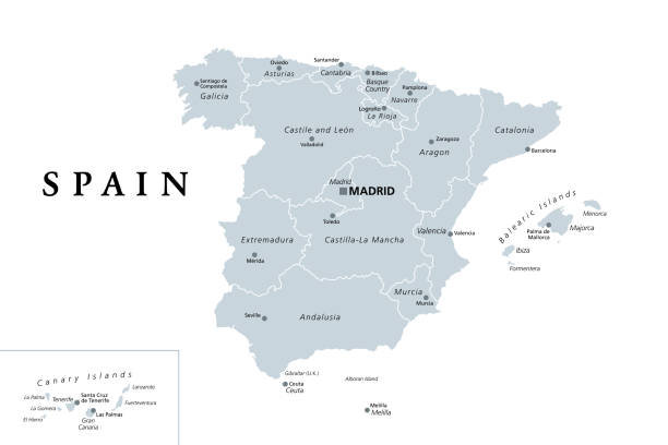 ilustrações, clipart, desenhos animados e ícones de espanha, mapa político cinza com divisões administrativas - espanha