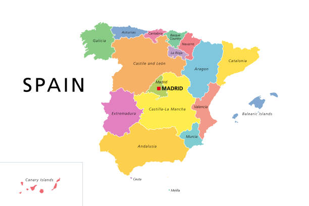 Spain political map with colored administrative divisions Spain political map with colored administrative divisions. Kingdom of Spain with the capital Madrid and the autonomous communities. English labeling. Isolated illustration on white background. Vector. ceuta map stock illustrations