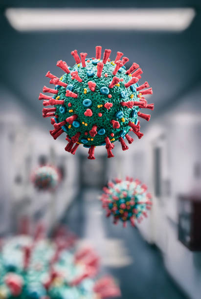 istock Corona Virus COVID-19 floating microscopic macro mockup in hospital 1213863854
