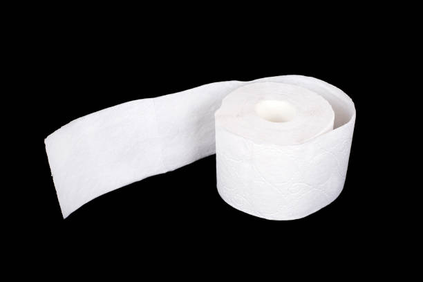 istock Soft, white toilet paper roll isolated on black background 1213864475