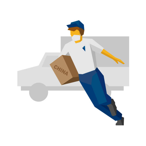 istock Running delivery man in blue uniform and medicne mask holding carton box from China. Cargo truck silhouette at the back. 1213867564