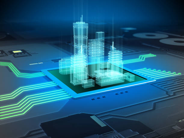 Digital city Modern city buildings on a printed circuits board. Digital illustration. internet of things photos stock pictures, royalty-free photos & images