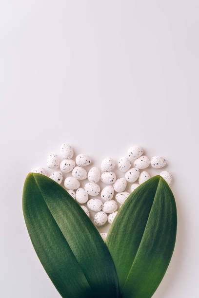istock Creative Easter card, rabbit ears made of green leaves and small eggs on a white background,space for text 1213870492