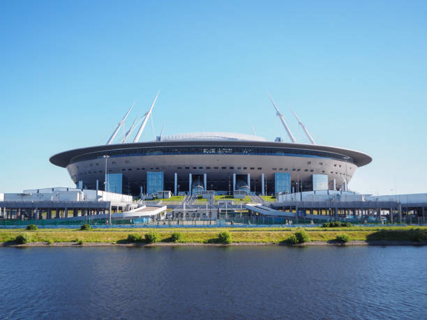 vista allo stadio di calcio gazprom arena (chiamata anche zenit arena) - soccer fifa world cup soccer ball ball foto e immagini stock