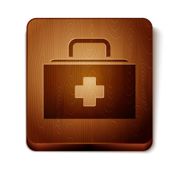 istock Brown First aid kit icon isolated on white background. Medical box with cross. Medical equipment for emergency. Healthcare concept. Wooden square button. Vector Illustration 1213871921