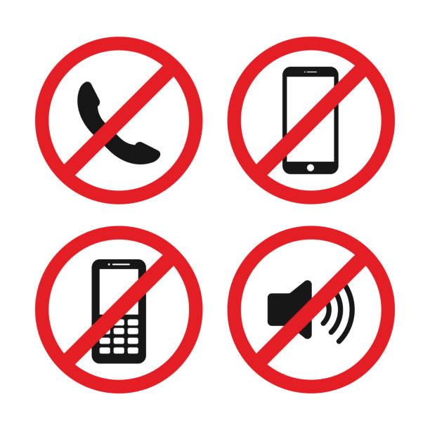 전화에서 사인오프합니다. 벡터 경고 아이콘 - cell phone ban stock illustrations