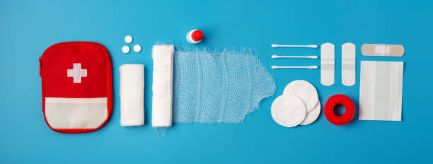 istock Creative layout of medicines for first aid, first aid kit for tourists 1213872733
