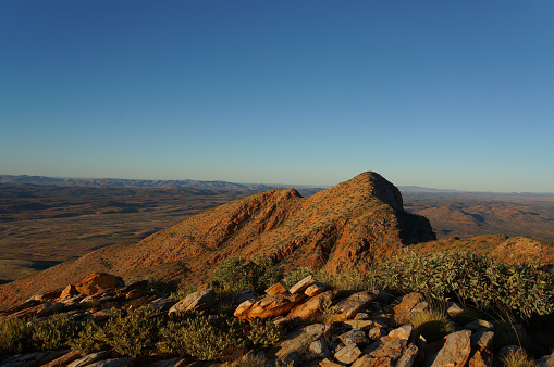 Rawnsley Bluff, a geological feature in Flinders Ranges National Park viewed from Station Hill Lookout. The Flinders Ranges are the largest mountain ranges in South Australia.