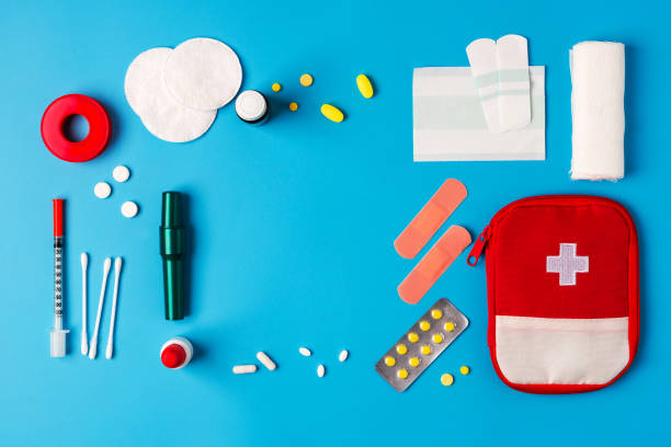 istock Creative layout of medicines for first aid, first aid kit for tourists 1213873195