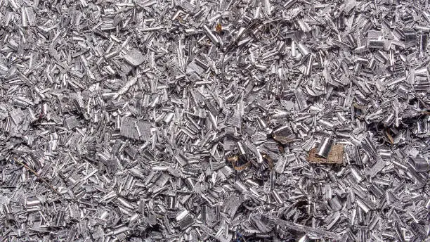 Photo of Metal background. Colored shavings. Wallpaper or screensaver of colored metallic chips.Abstract color background of metal shavings. Processing of ferrous and non-ferrous metals in a factory or plant.