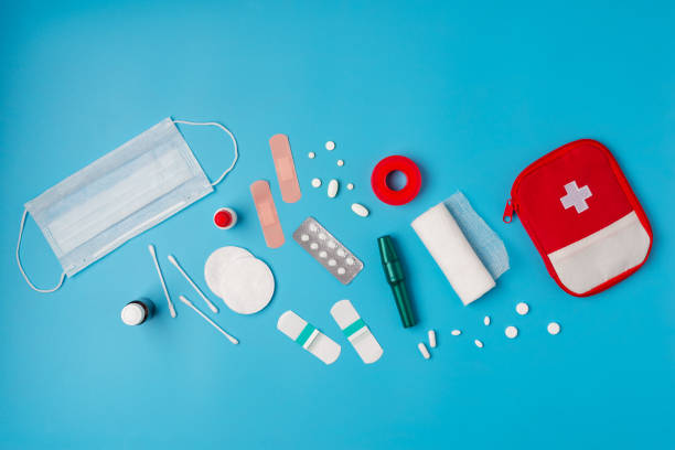 istock Creative layout of medicines for first aid, first aid kit for tourists 1213874017