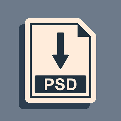 Black PSD file document icon. Download PSD button icon isolated on grey background. Long shadow style. Vector Illustration
