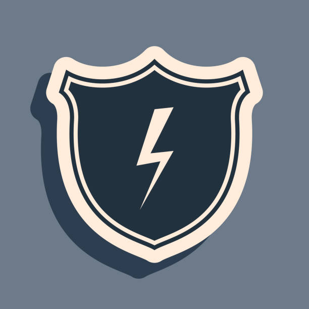 ilustrações de stock, clip art, desenhos animados e ícones de black secure shield with lightning icon isolated on grey background. security, safety, protection, privacy concept. long shadow style. vector illustration - honor guard flash
