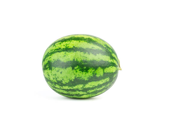 istock Ripe single full watermelon berry isolated on white background. One whole watermelon with clipping path 1213878162
