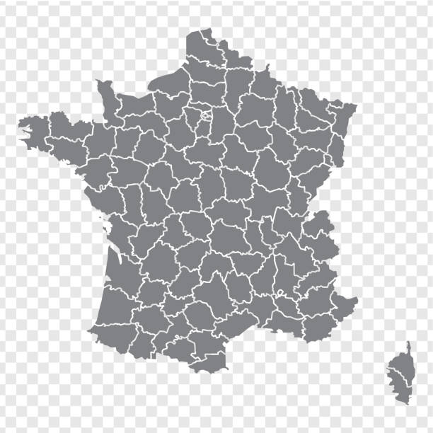 空白地圖法國。法國各部門地圖。高詳細的灰色向量地圖法國在透明背景為您的網站設計，徽標，應用程式，ui。庫存向量。eps10. - 國家地圖 幅插畫檔、美工圖案、卡通及圖標