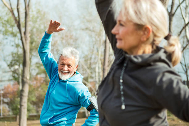 istock Senior Couple Exercising In Park stretching 1213878219