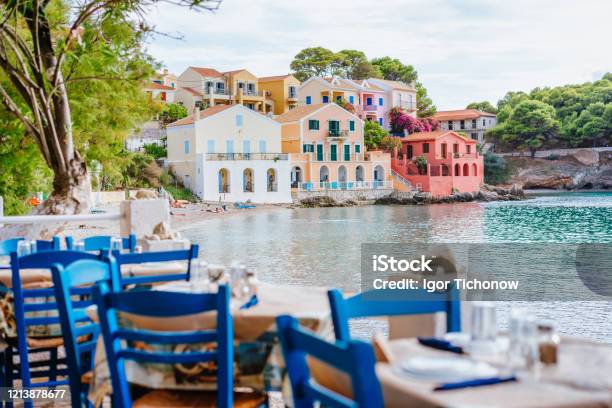 Table In Greek Tavern In Assos Fishing Village Kefalonia Island Greece Stock Photo - Download Image Now