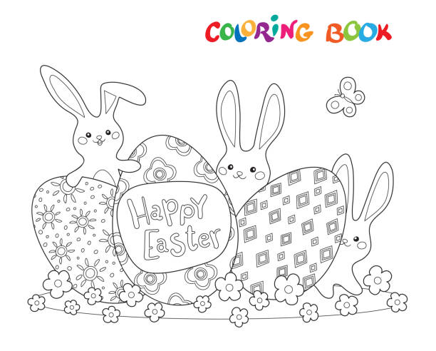 ilustraciones, imágenes clip art, dibujos animados e iconos de stock de libro para colorear o página con huevos y conejos en la pradera. feliz ilustración para colorear de pascua. - easter egg paint black and white drawing