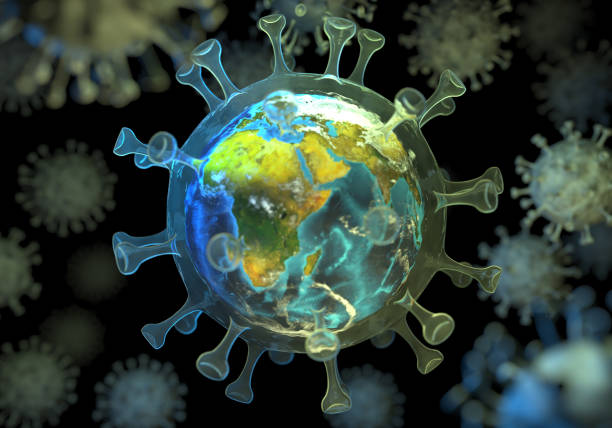 planet earth inside the cell of the chinese respiratory coronavirus 2019-ncov. microscopic view of the viral cell covid-19. the worldwide spread of the disease. creative concept. 3d rendering - microbiology analyzing laboratory scrutiny imagens e fotografias de stock