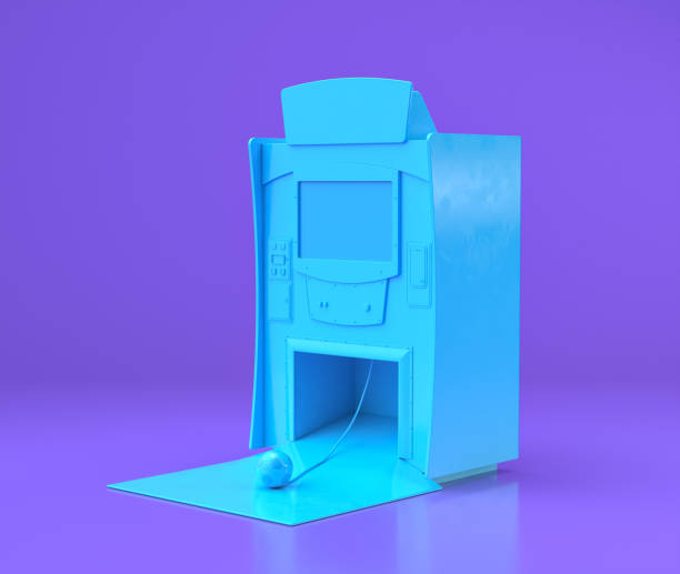 istock Blue arcade soccer game platform, entertainment center objects in purple flat room, 3d rendering 1213883616