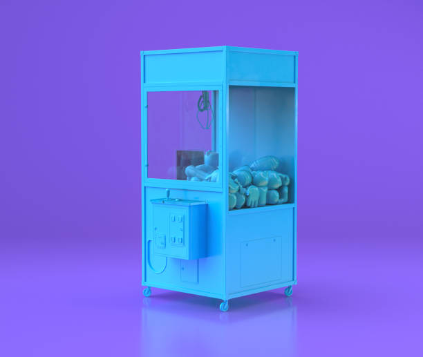 kabinet permainan derek biru, objek pusat hiburan di kamar datar ungu, rendering 3d - slot hoki potret stok, foto, & gambar bebas royalti