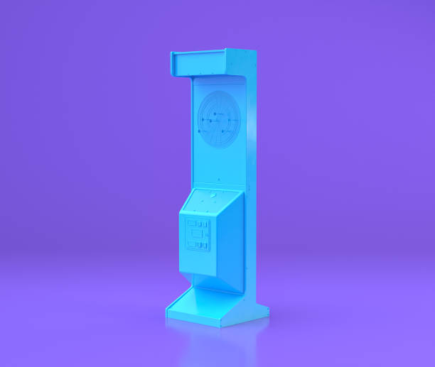 istock Blue arcade dart board platform, entertainment center objects in purple flat room, 3d rendering 1213883685