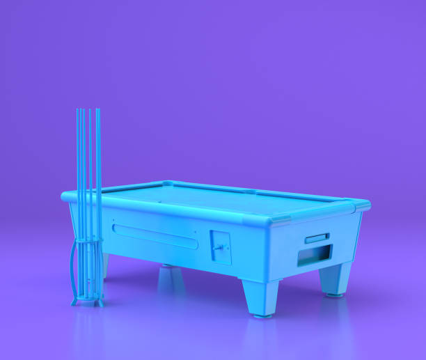 istock Arcade pool table and cue stick board, entertainment center objects in purple flat room, 3d rendering 1213883762