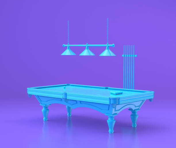 istock Arcade retro pool table and cue stick board, entertainment center objects in purple flat room, 3d rendering 1213883913
