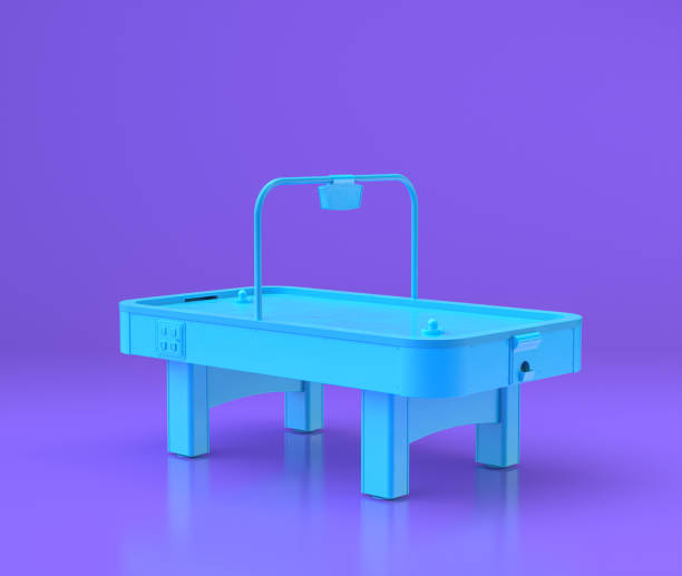 istock Blue air hockey table, entertainment center objects in purple flat room, 3d rendering 1213883988