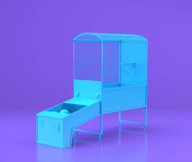 basket arcade biru, objek pusat hiburan di kamar datar ungu, rendering 3d - slot hoki potret stok, foto, & gambar bebas royalti