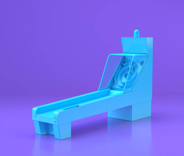 istock Blue arcade skee ball platform, entertainment center objects in purple flat room, 3d rendering 1213884151
