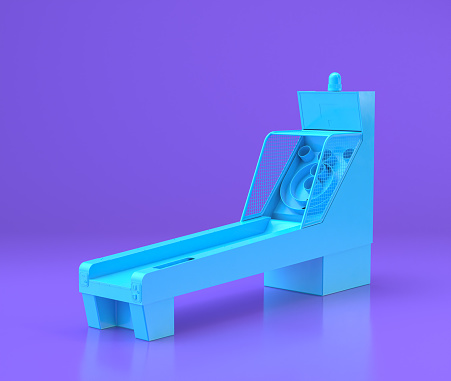 Blue arcade skee ball platform, entertainment center objects in purple flat room, 3d rendering, gaming saloon