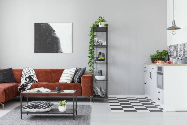 istock Open space studio apartment with kitchen and living area 1213884267