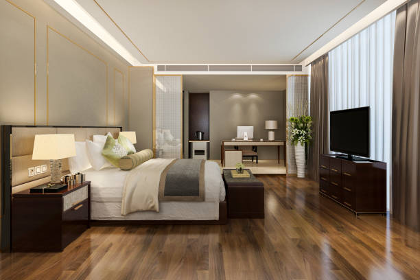 istock 3d rendering beautiful luxury bedroom suite in hotel with tv and working table 1213885014