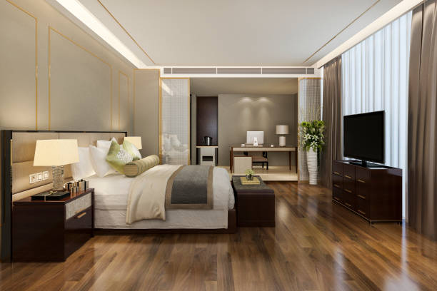 3d renderizando linda suíte de quarto de luxo em hotel com tv e mesa de trabalho - hotel suite - fotografias e filmes do acervo
