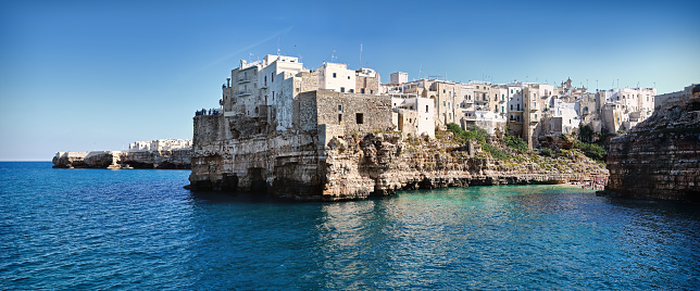 Panoramic view of Polignano a Mare town and beach in Bari Province, Puglia, Italy