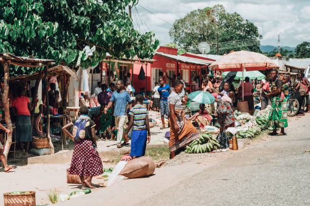 People on the street market in Malawi, Africa Mzuzu, Malawi - February 27, 2019:  Local people on the street market, stall with tropic fruits on the market place in Mzuzu, Malawi. malawi stock pictures, royalty-free photos & images