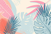 Modern tropical background. Jungle plants nature backdrop. Summer palm leaves wallpaper. Exotic botanical design for travel posters, wedding invitation, web banners. Minimal style vector illustration.