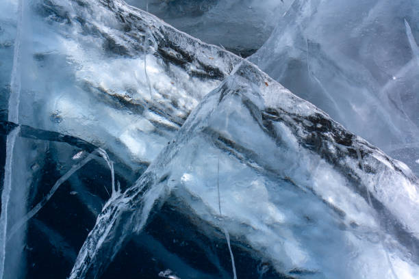 istock Deep crack in transparent thick ice. The natural texture of ice. Horizontal. 1213890579