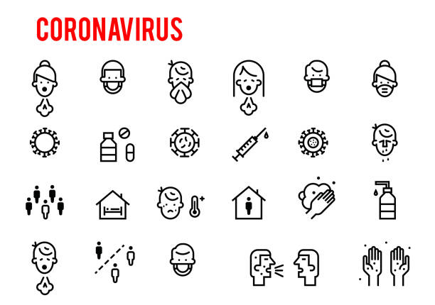 ilustrações, clipart, desenhos animados e ícones de conjunto simples de ícones de linha vetorial relacionados à proteção de coronavirus. contém ícones como medidas de proteção, sintomas, período de incubação. novel coronavirus 2019-ncov. epidemia de 2019 e 2020. - 3109