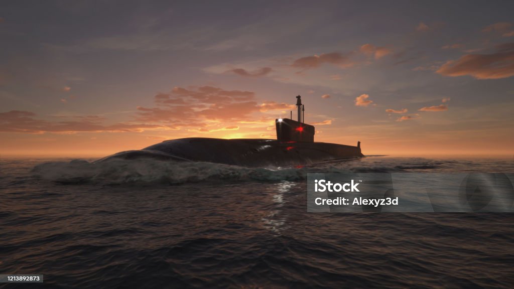 Heavy atomic submarine in ocean at sunset Heavy atomic submarine in ocean at sunset 3d illustration Submarine Stock Photo