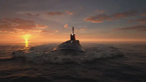 Heavy atomic submarine in ocean at sunset 3d illustration