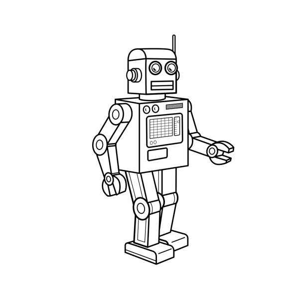Vector illustration of robot isolated on white background for kids coloring book.