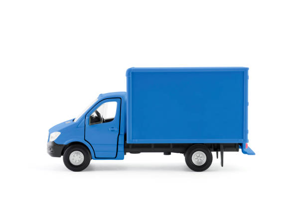 Blue cargo delivery truck side view on white background