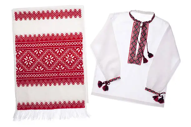 Photo of National Ukrainian symbol embroidered handmade towel and shirt