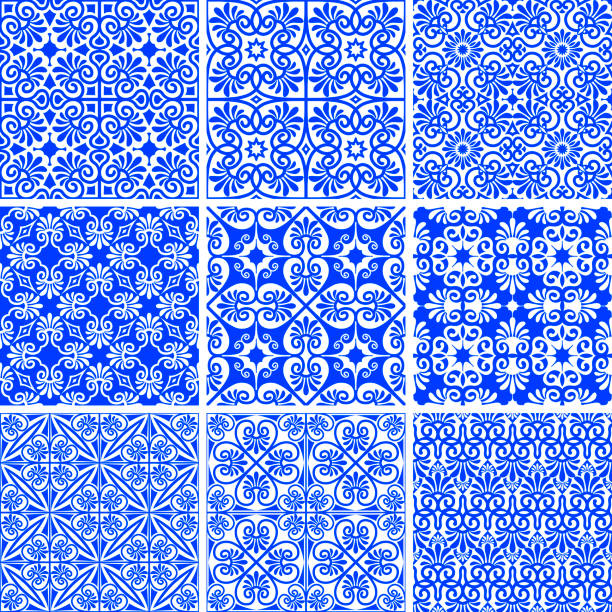 흰색 배경에 원활한 고대와 현대 그리스어 파란색 패턴의 벡터 세트입니다. 견본 팔레트의 샘플 - pattern baroque style vector ancient stock illustrations