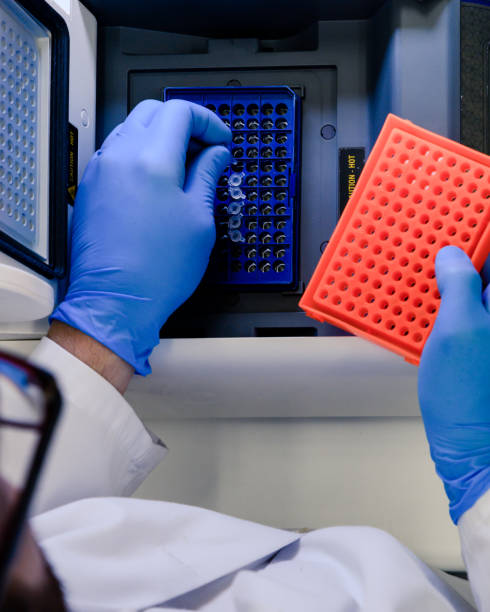 loading a dna tube into a pcr (polymerase chain reaction) thermocycler machine in a bioscience laboratory. concept of science, laboratory and study of diseases. coronavirus (covid-19) treatment developing. - laboratory science healthcare and medicine centrifuge imagens e fotografias de stock