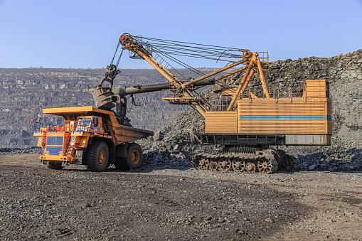 Digging excavators in a brown coal mine or lignite mine