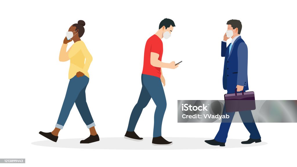 Group of people wearing mask protect virus.Vector illlustration.People walking with wearing mask set Walking stock vector