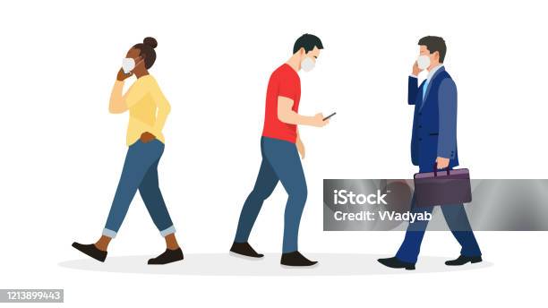 Group Of People Wearing Mask Protect Virusvector Illlustrationpeople Walking With Wearing Mask Set Stock Illustration - Download Image Now